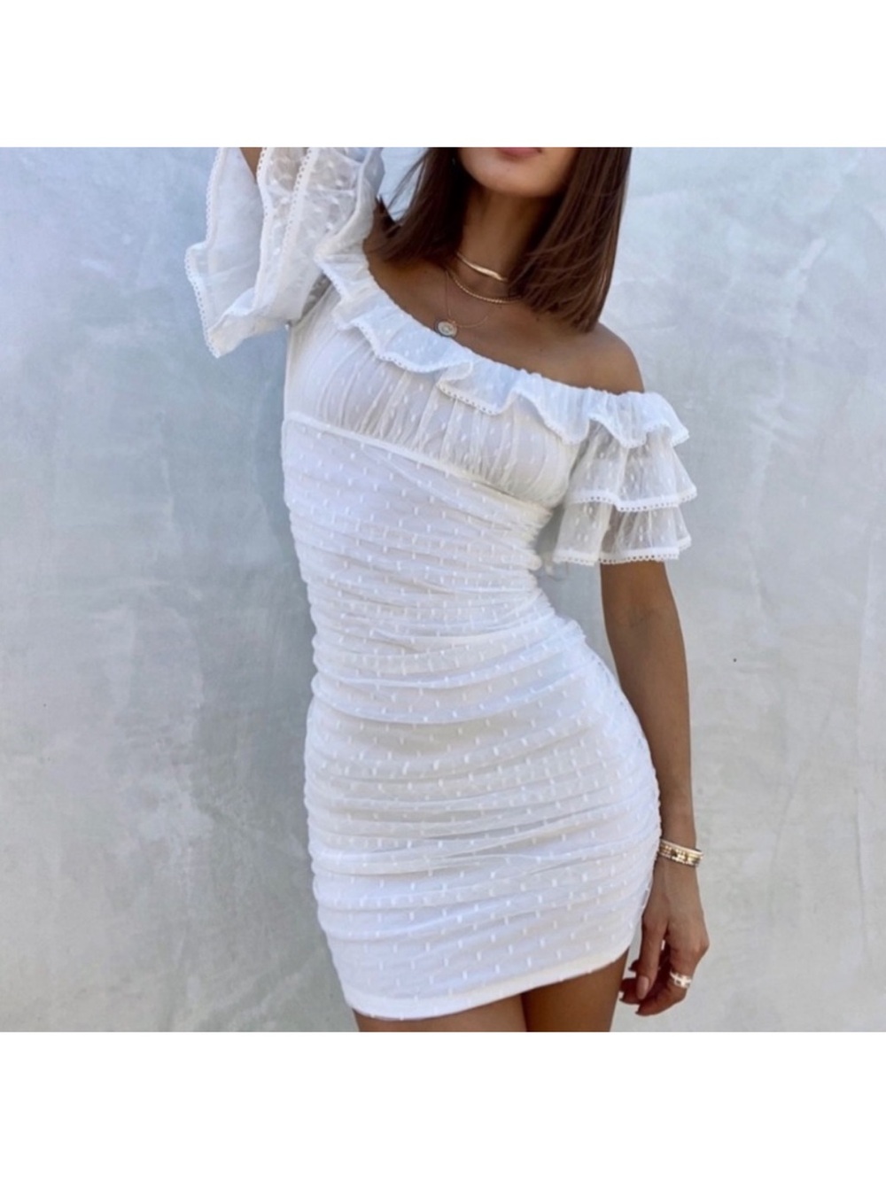Camila Coelho White One-Shoulder Ruffle Bodycon Dress